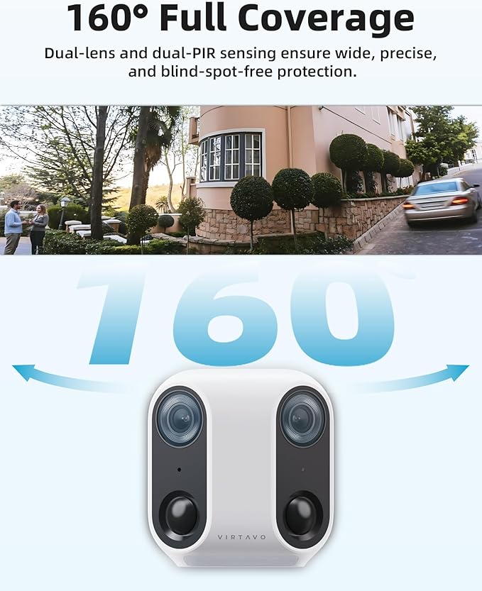 virtavo XM1 Dual-Lens Solar Security Camera Outdoor Wireless, Starlight Night Vision, Smart AI Detection, 100% Wire-Free, IP65 Weatherproof, No Subscription, Local Storage, 2.4GHz WiFi Surveillance