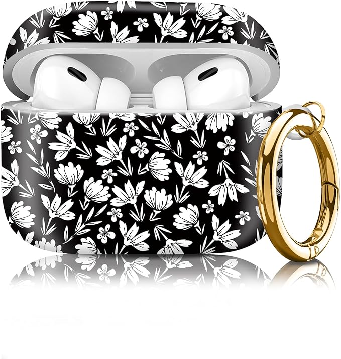 Compatible with Airpod pro 2nd/1st Generation Case Cover with Gold Round Keychain Cute Pattern Hard & Anti Slip Cover for Men Women & Girls（White Flower）