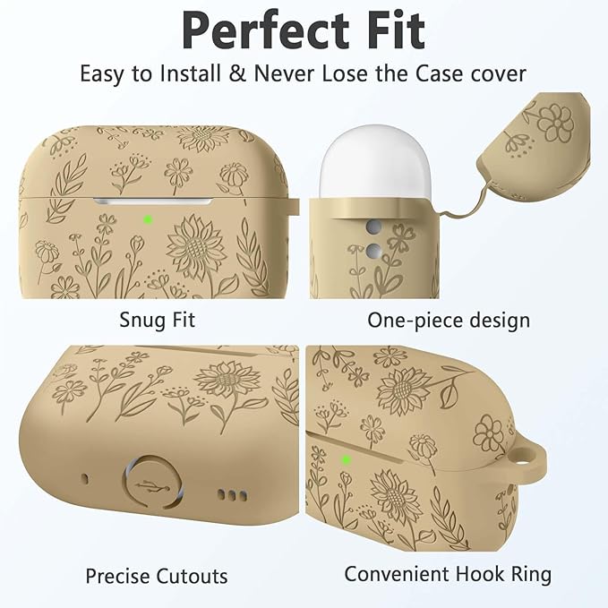 Flower Engraved Case for AirPods Pro 2 Gen with Clean Kit & Keychain, Soft Silicone Protective AirPods Pro 2 Case Cover for Apple AirPods Pro 2nd/1st Generation, Front LED Visible, Milk Tea