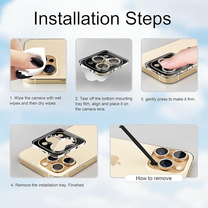 Misea [3+1] for iPhone 14 Pro/iPhone 14 Pro Max Camera Lens Protector Bling, 9H Tempered Glass Camera Cover Screen Protector Metal Individual Ring Protector Decoration Accessories, Gold Glitter