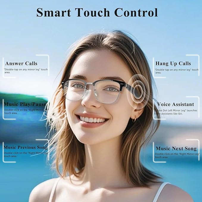 X00MEER Smart Glasses, 5.3 Bluetooth Glasses with Dual Stereo Speakers, Voice Assistant Compatible,Music &HD Calling, for Men & Women (KX08B)