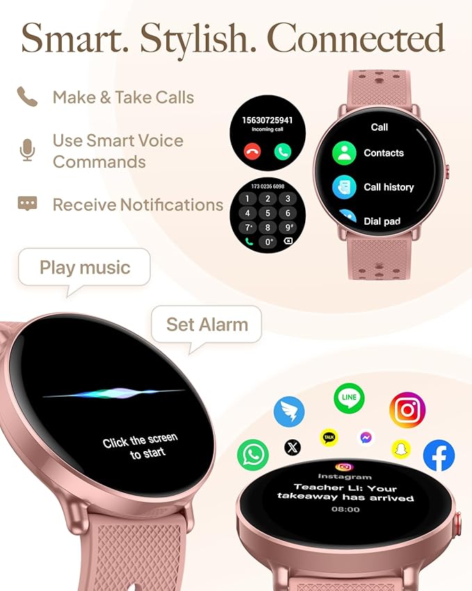 Smart Watch for Women Men, for Android iOS with Sleep & Calorie Monitor, Pedometer Fitness Tracker, Bluetooth Call, IP68 Waterproof, 112+ Sport Modes Round Face Smartwatch (Rose Taupe)