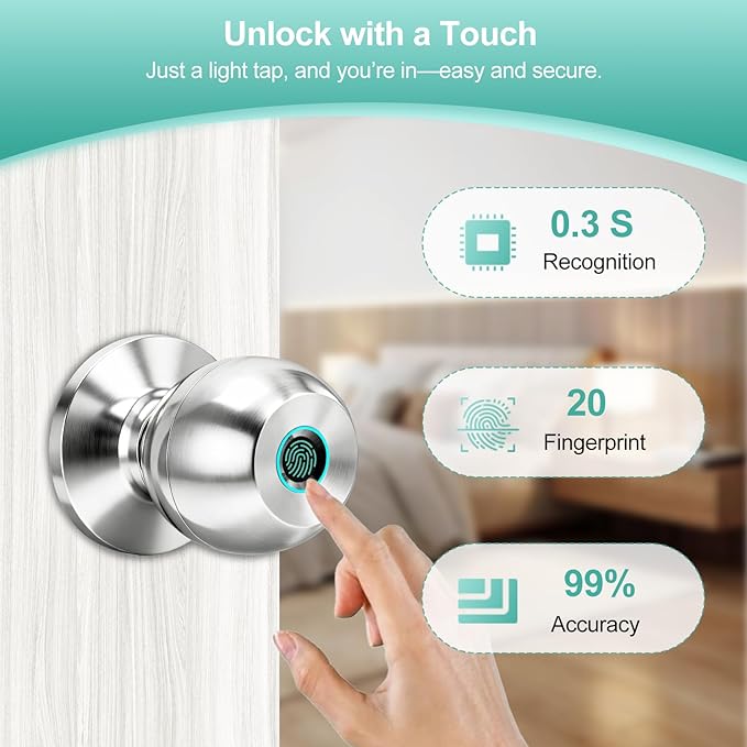Fingerprint Door Lock, Smart Door Knob, Keyless Entry Door Lock with App Control, Thumbprint Door Knob with Extra Power Bank, Suitable for Home, Bedroom, Apartments, Office - Sliver