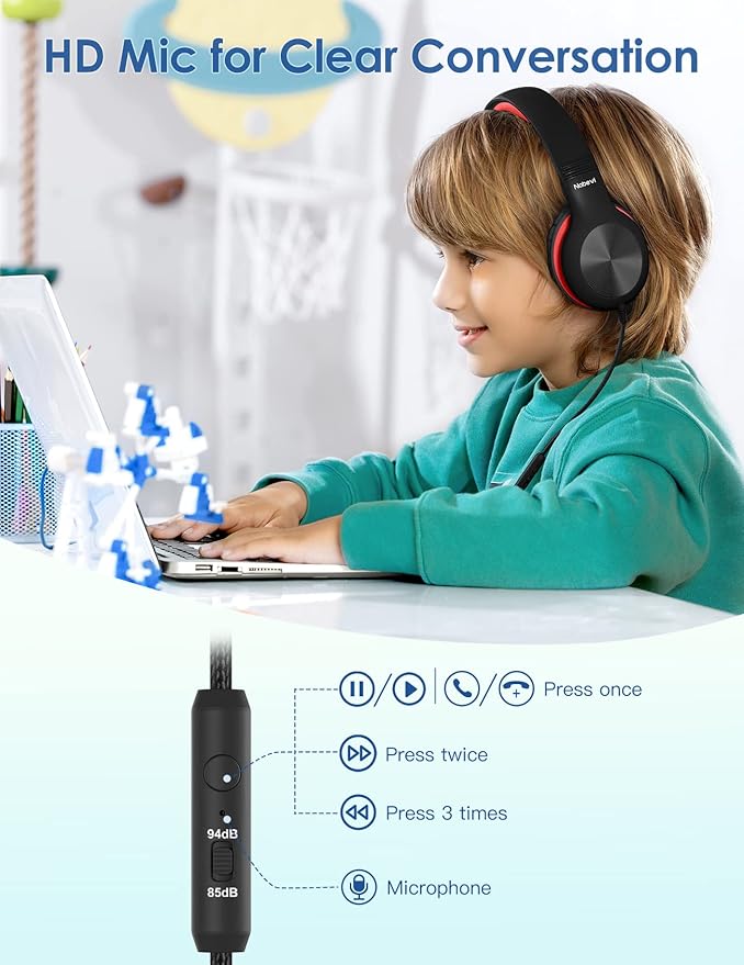 Headphones for Kids for School, Kids Headphones with Microphone, Sharing Function, 85dB/94dB Safe Volume Limit, HD Sound, Over Ear Kid Headphone for School, On-line Study, Travel, Red