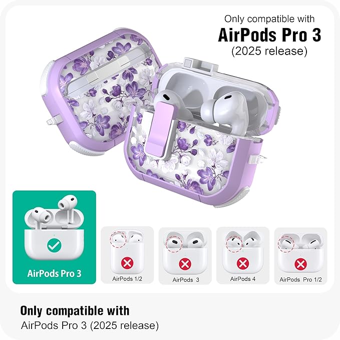 WENEW for AirPods Pro 3 Case (2025) Cover Secure Lock Automatic Snap Switch Clip Cleaner Kit Lanyard Women Stylish Flower Hard Shell Full Body Front LED Visible (Purple Flower, AirPods Pro 3)