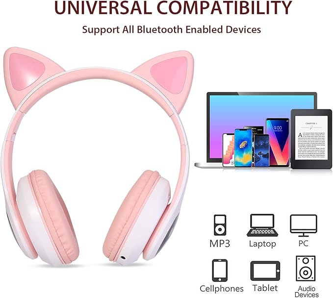 TCJJ Bluetooth 6.0 Cat Ear Kids Headphones for Girls, LED Light Up, 85dB Safe Volume Limit, Stereo Sound Toddler Foldable Wireless & 3.5mm Wired Headset with Mic for School, Tablet, Travel