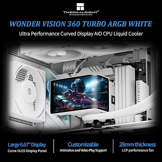 Thermalright Wonder Vision 360 Turbo ARGB White AIO CPU Cooling,CPU Water Cooler System,6.67inch Curved Screen with 2400x1080 Resolution,for AM4/AM5,LGA1851/1700,7:3 Visual Scale Screen Ratio for 3D