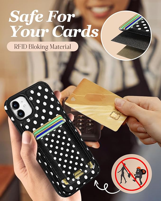Shorogyt for iPhone 11 Wallet Case - Fits 5 Cards, Compatible with Magsafe Detachable Magnetic Credit Card Holder Leather Cardholder Cute Phone Cover Women Girls for Apple 11, Polka Dots