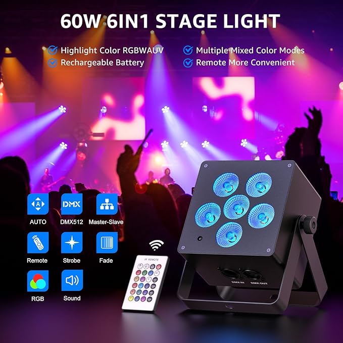 Battery Powered Stage Lights, LED Par Lights RGBWA+UV 60W, Rechargeable Par Can Light with 5500mAh Battery, Remote DMX Sound Activated Uplights for Events, Party, Wedding, Concert - 4Pcs