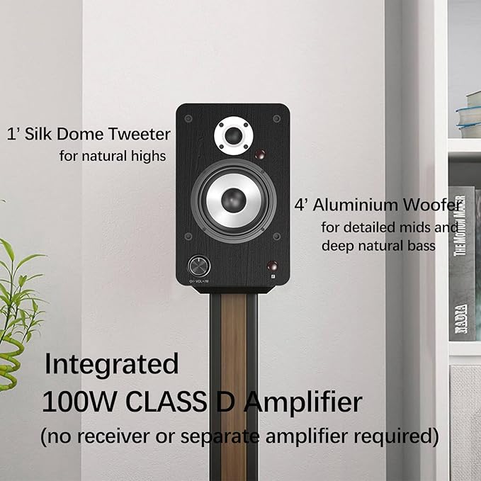 LONPOO 100W Hi-Fi Powered Bookshelf Speakers - Bluetooth 5.3 Active Monitors with 1" Silk Tweeter & 4" Aluminum Woofer, DSP Audio Optimization for TV, Record Player & Home Theater