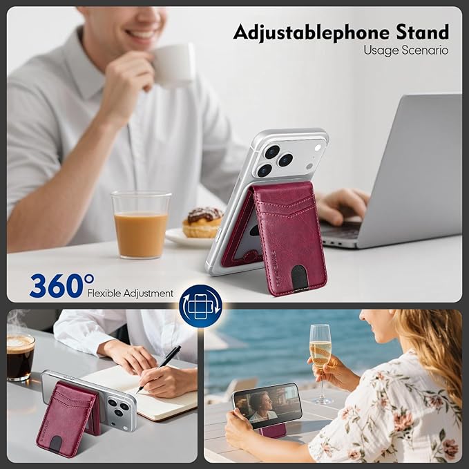 Compatible with Magsafe Case with Card Holder for Men Women Magnetic Ultra-Thin Wallet Bracket Adjustable Bracket for iPhone 17/16/15/14/13/12 Pro/Pro Max/PlusSeries,Wine Red