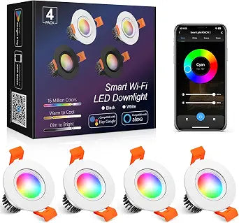 2 Inch Smart Recessed Lighting, 5W WiFi LED Downlight, Dimmable RGB & CCT 2700K-6500K, Compatible with Alexa & Google Home, 120V Recessed Ceiling Light with LED Driver, 4 Pack