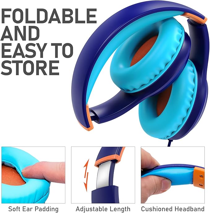 FosPower Kids Headphones with 3.5mm Laced Cables, Children & Teens Over The Ear Foldable Adjustable Headset w/Built-in Mic for Smartphones/PC/Tablet/Laptop/School (Max Volume 85dB) - Blue