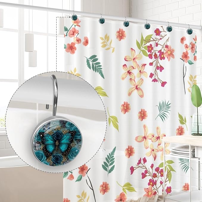 Navy Blue Butterfly Shower Curtain Hooks 12Pcs, Decorative Rust Resistant Shower Rings for Shower Curtain Rods, Stainless Steel Round Curtain Hooks for Bathroom, Bedroom, Farmhouse