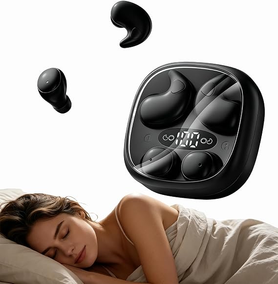 Flat Sleep Earbuds for Side Sleepers, Invisible Mini Earbuds for Small Ear Canals, Bluetooth 5.4, 66H Battery, Noise Blocking, Waterproof, LED Display for Sleep, Work & Travel（Black）
