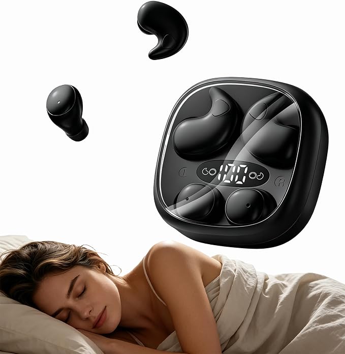 Flat Sleep Earbuds for Side Sleepers, Invisible Mini Earbuds for Small Ear Canals, Bluetooth 5.4, 66H Battery, Noise Blocking, Waterproof, LED Display for Sleep, Work & Travel（Black）