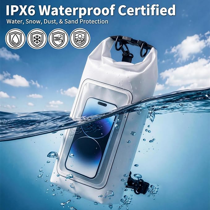 Waterproof Dry Bag 2L, IPX8 Roll Top Waterproof Belt Bag with Clear Phone Window, Phone Pouch Water Protector, Boat & Kayak Accessories, Essentials for Cruise Camp Swim Beach Fish Travel (White)