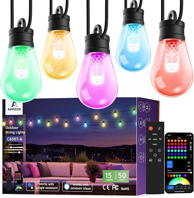 APPECK Smart Outdoor String Lights, 50ft RGBW Outdoor Patio Lights with 15 LED Bulbs, Extendable, 111 Scene Modes, IP65 Waterproof Lighting for Outside, Halloween Decor, Compatible with Alexa