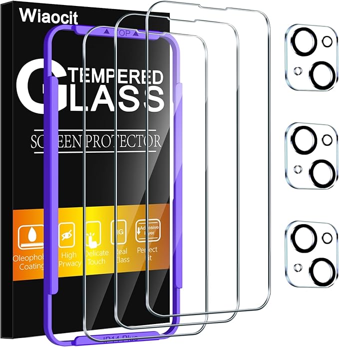 Wiaocit 3 Pack Tempered Glass Screen Protector for iPhone 14 Plus with 3 Pack Camera Lens Protector, 9H Hardness, Bubble Free, Case Friendly