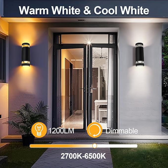 wowlite RGB Up and Down Lights Outdoor 2 Pack, Back Porch Lights Outdoor Wall Light Fixtures WiFi App Control, 2700k-6500k Cylinder Modern Wall Sconce Lights Color Changing LED Garage Light