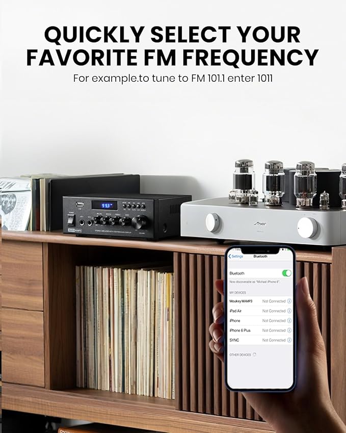 Moukey Amplifier Home Audio, 2.0 Channel Stereo Receivers with Bluetooth 5.3, Full Function Remote, FM, RCA, USB, 2 Mic in, 300W Peak Power, for Karaoke, Garage, Home Theater, MAMP3