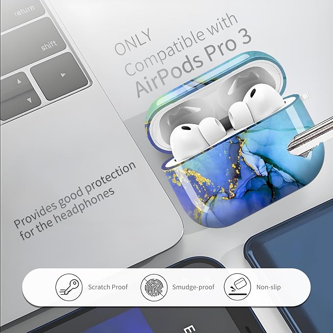 AirPod Pro 3 (2025) Case Cover for Women, Cute Shockproof TPU Protective Case with Gold Round Buckle, Anti-Drop Design Cute Blue Marble