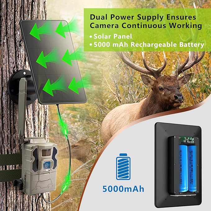LIYVZ Trail Camera Solar Panel with Bulit-in 5000mAh Battery 2 Pack, 3W Solar Panel for Trail Camera IP66 Waterproof Multi Interfaces with DC 6V & DC 12V Output, 360° Adjustable