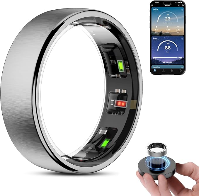 Smart Ring Health Tracker, Wireless Charging Case Fitness Ring, Brushed Stainless Steel Ring with Sleep and Exercise Tracking, Compatible with iOS and Android (Silver, 8)