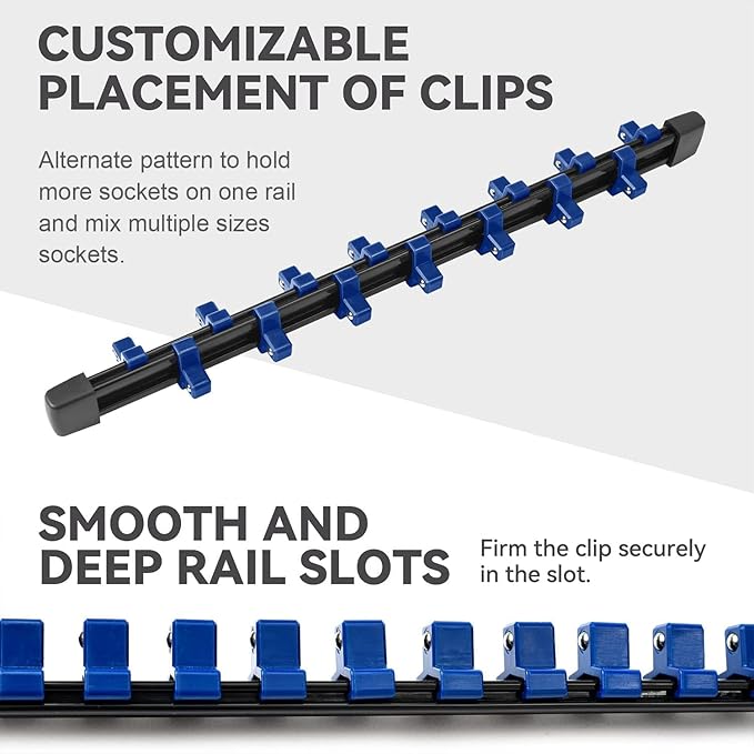 ALOANES 30PC ABS Socket Organizer, Socket Rails Fit 1/2 inch, 3/8 inch and 1/4 inch Drive, Heavy Duty Socket Holders Hold up to 430 Sockets, Black Rails with 5 Color Clips