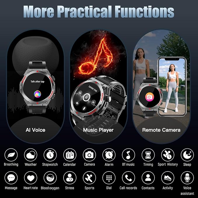 Military Smart Watch, 1.52-Inch Smartwatch with Text and Call, 24/7 Heart Rate Sleep Monitor, Blood Oxygen, and Activity Trackers - Compatible with iPhone and Android, for Men and Women
