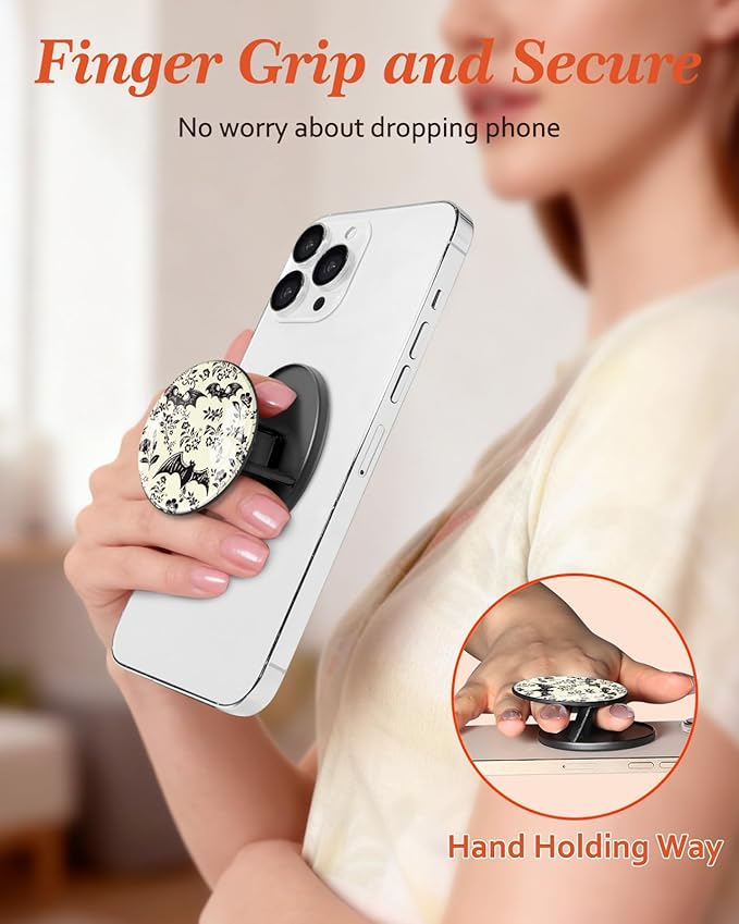 Kidcube Magnetic Phone Grip Compatible with Magsafe - Cell Phone Grip Stand Magnetic Ring Holder Finger Kickstand for iPhone 17 16 15 14 13 12 Series Magnet Removable Accessories Cute Bat Flower