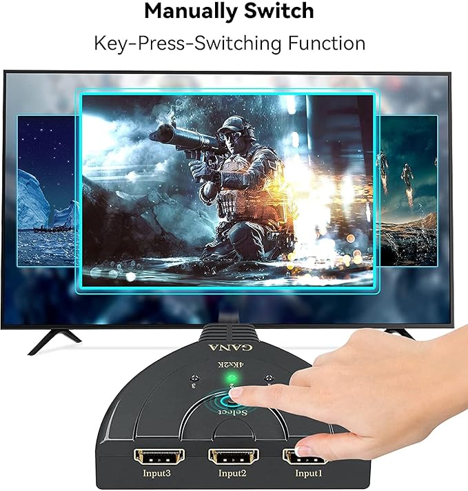 HDMI Switch, GANA 4K HDMI Splitter 3 in 1 Out, 3-Port Switcher Selector with Pigtail HDMI Cable,Supports Full HD 4K 30Hz 1080P 3D Player, Compatible with PS4/3, Xbox, Fire Stick, Roku, PC,TV