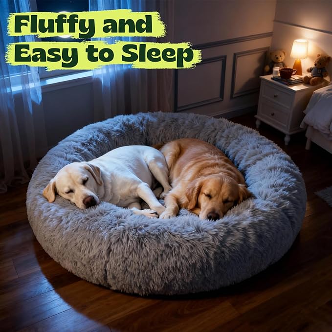 Calming Round Jumbo Pet Bed Removable Washable Cover,XXXL Waterproof Orthopedic Foam Dog Beds for Extra Large Dogs with Cooling Gel Big Cuddle Sofa to Care Old Fluffy Friends Arthritis,Grey