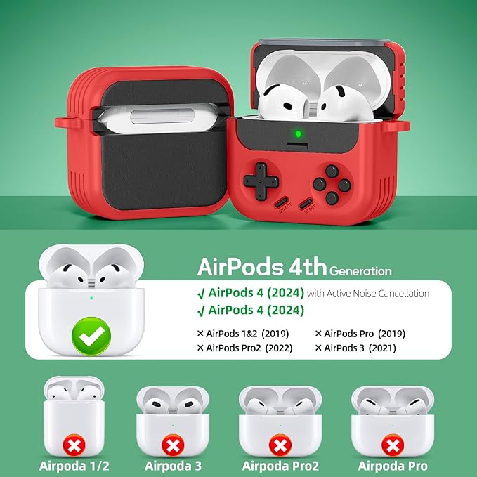 Inesore for Airpods 4 Case with Lock,Compatible with Airpods 4 with Active Noise Cancellation Cases,Classic Cool Funny Game Console Air pods4 Case Cover for Men Boy with Cleaner Kit(Red)