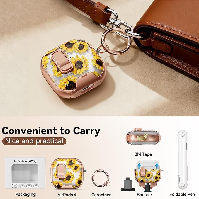for AirPods 4 Case, with Safty Lock & Phone Stand for Floral AirPods 4th Generation Case Cover for Women Girly, iPod 4 Case with Keychain & Cleaner Kit - Yellow Sunflower