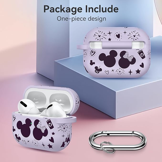 Compatible with Airpods Pro 2nd/1st Generation Case Cover with Keychain, Women Men Soft Silicone Two-Tone Cute Cartoon Engraved Convenience Protective Case, Front LED Visible Lavender/Purple