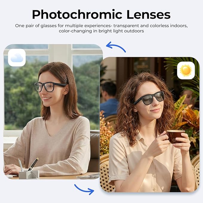 AI Smart Bluetooth Translation Glasses,Smart Glasses with 140+ Languages Online Translation and Color-Change Lens,Built-in Mic & Speakers,Anti-Blue Light Lens with Listening Voice Control