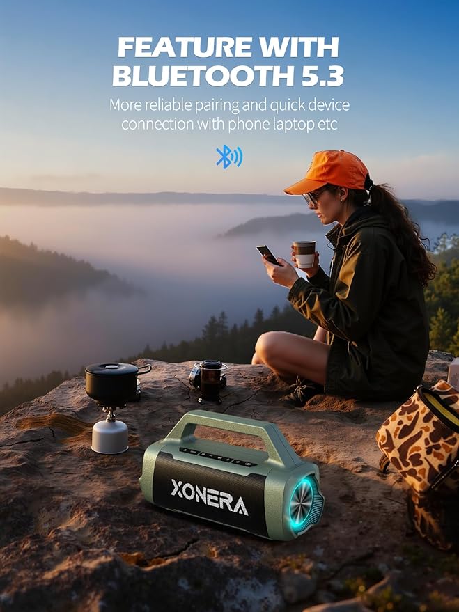 Speakers Bluetooth Wireless, 80W Peak Loud Outdoor Speaker with Bass, 20H Playtime, IPX6 Waterproof, TWS，BT5.3, Portable for Camping Hiking Boating Pool Beach, Olive Green