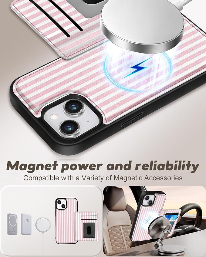 for iPhone 14 Plus Case with Wallet - Fits 4 Card Slots, Compatible with MagSafe for Women Aesthetic Durable PU Leather Credit Card Holder Kickstand Phone Cover for Apple 14 Plus, Stripe