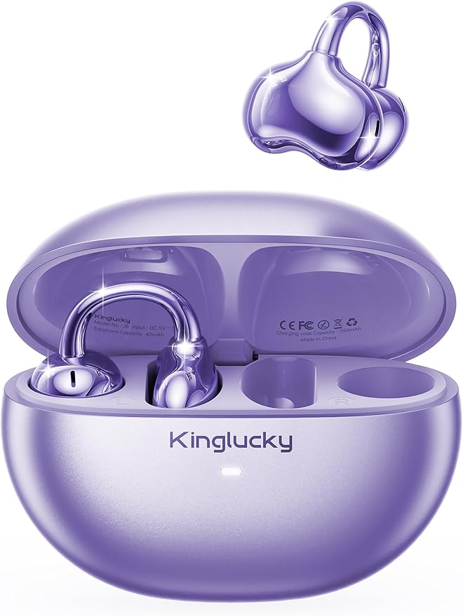 Kinglucky Upgraded Clip-On Earbuds Comfortable fit & Crystal-clear Sound, 50H Playtime Open Ear Buds Bluetooth 6.0 Wireless Headphones for Women Ideal for Small Ears, Sports & Workouts, Glasses Purple