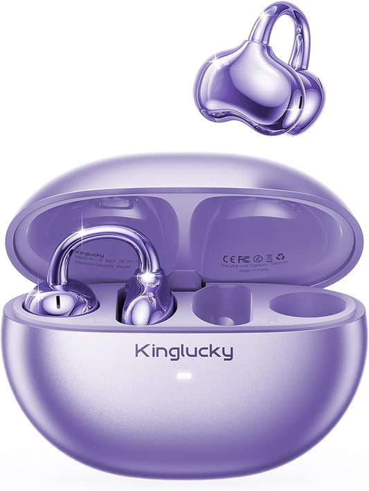 Kinglucky Upgraded Clip-On Earbuds Comfortable fit & Crystal-clear Sound, 50H Playtime Open Ear Buds Bluetooth 6.0 Wireless Headphones for Women Ideal for Small Ears, Sports & Workouts, Glasses Purple