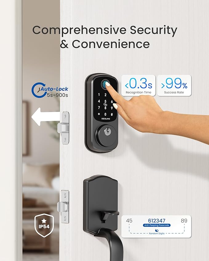 DESLOC B200 Keyless Entry Door Lock with Handle Set, Smart Locks for Front Door, Deadbolt Smart Lock, Front Door Locks Set, Electronic keypad Deadbolt with Handle, 12 Months Battery, IP54
