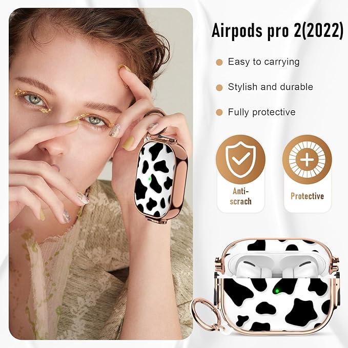 Maxjoy for Cute Airpods Pro 2 case with Safety Lock,Compatible Airpods Pro Case 2nd/1st Gen,Compatible Black Cow AirPods Case Cover for Women Girly with Keychain-Transparent