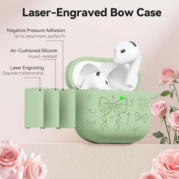 for Airpods 4 Case Cover, Joremx Cute Bow Engraved Silicone Protective Case Cover with Keychain, Cleaner Kit for AirPods 4th Generation Case 2024 (Cream Green)