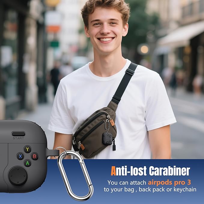 Getino Game Case for AirPods Pro 3 Case 2025, Shockproof Silicone Cover for Apple AirPods Pro 3 – with Cleaner Kit & Keychain, Classic Cool Funny Durable Protective Case for Men Boy–Black