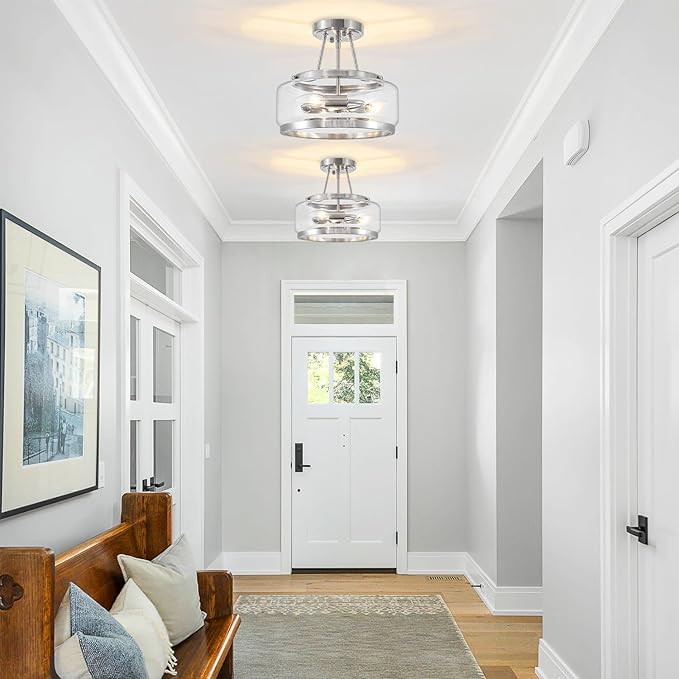 Brushed Nickel Modern Glass Ceiling Light, 3-Light Drum Semi Flush Mount Ceiling Light Fixture, Entryway Light Fixture, Ceiling Lamp for Hallway Bedroom Laundry Kitchen Dining Room Lighting, UL-Listed