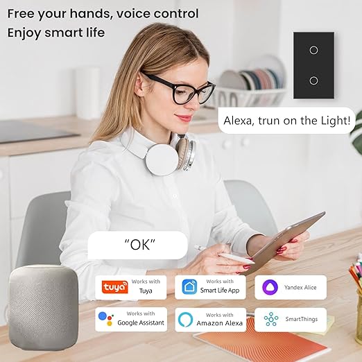 WiFi Smart Wall Light Switch, 3 Way Multi-Control, 2.4GHz Wi-Fi Touch Switch, Neutral Wire Required, Adapt with Smart Life/Tuya App, Compatible with Alexa and Google Home, Black 2 Gang