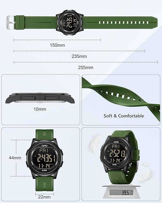 CIVO Digital Watches for Men Women: Sports Waterproof Wristwatch with Stopwatch Alarm Date - LED Backlight Big Numbers Silicone Watch for Outdoor Camping Running Cycling