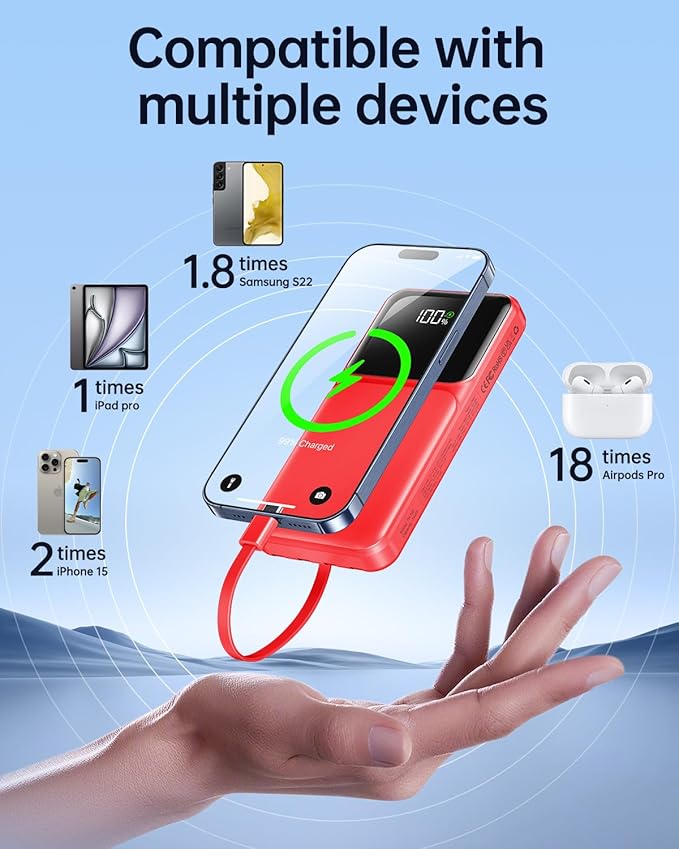 Portable Charger with Built in Cable - Power Bank Fast Charging USB C LED Display 10000mah Battery Pack 5 Outputs & 3 Inputs for Travel Essentials iPhone Samsung Android Phones Tablets Red