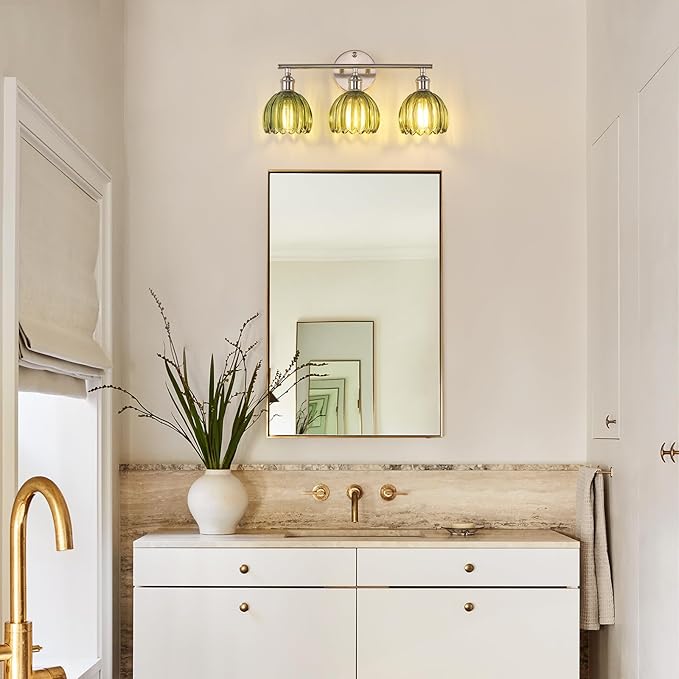 Bathroom Light Fixtures, 3-Light Vanity Wall Light Over Mirror with Green Tulip Glass Shade for Bedroom Living Room (Bulb Not Included), Satin Nickel